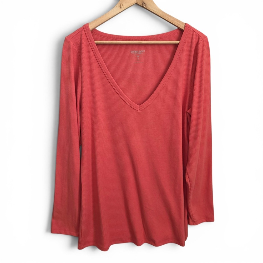 Torrid Top Womens 2 US Plus 2X Pink Ribbed V Neck Long Sleeve Knit Casual